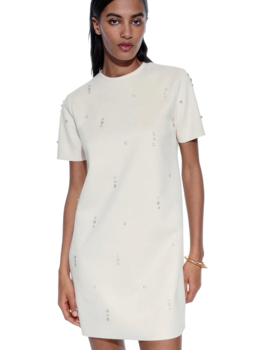 NWT Zara White Faux Suede Jeweled Rhinestone Embellished Mini Dress - M